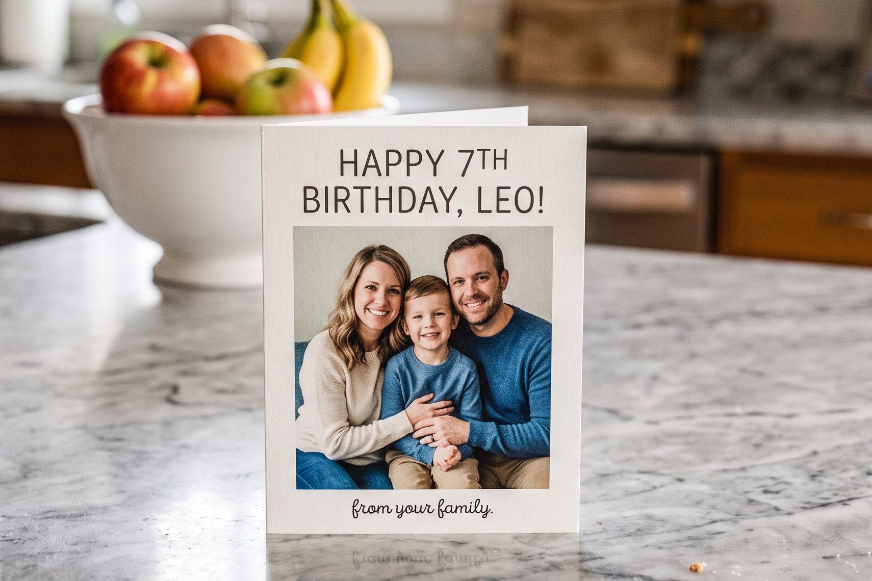 Photo birthday card reading “Happy 7th Birthday, Leo!” with a family portrait and “from your family” caption, standing on a kitchen counter