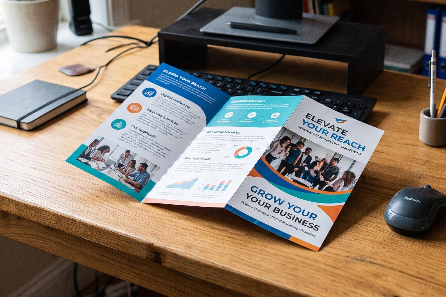 Tri-fold “Elevate Your Reach” marketing brochure open on a desk, showing digital marketing and branding services alongside a teal, orange and navy “Grow Your Business” cover