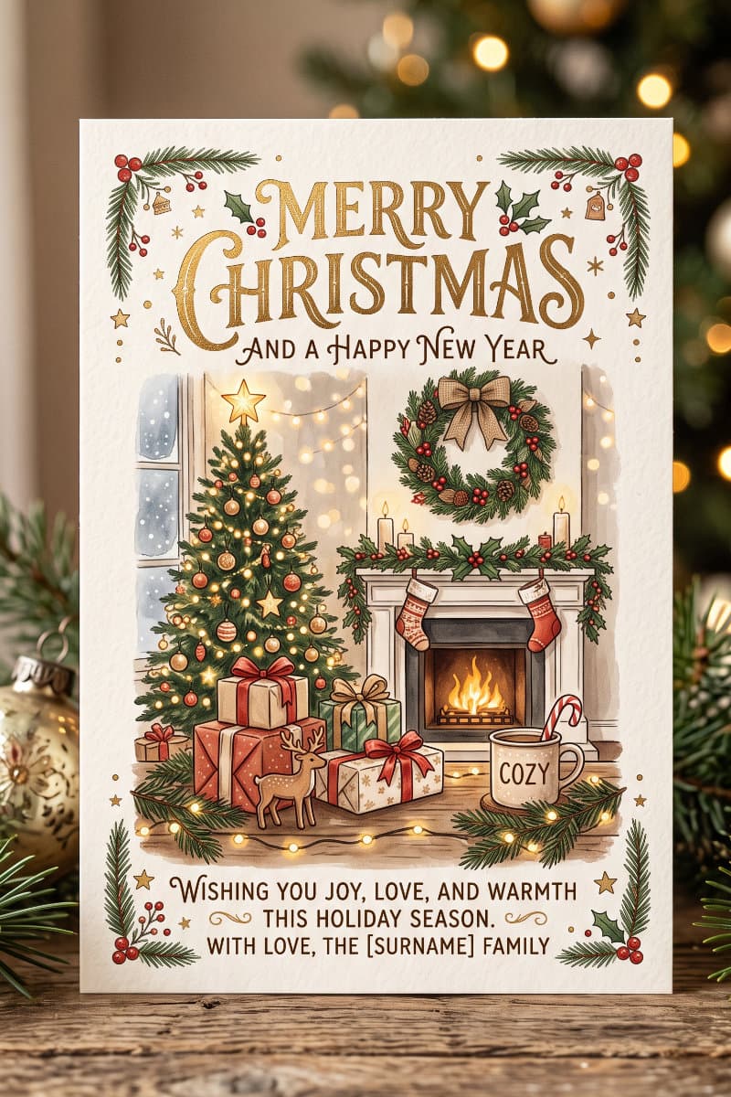 Illustrated Christmas card with a gold “Merry Christmas and a Happy New Year” headline above a cozy fireplace, tree and presents