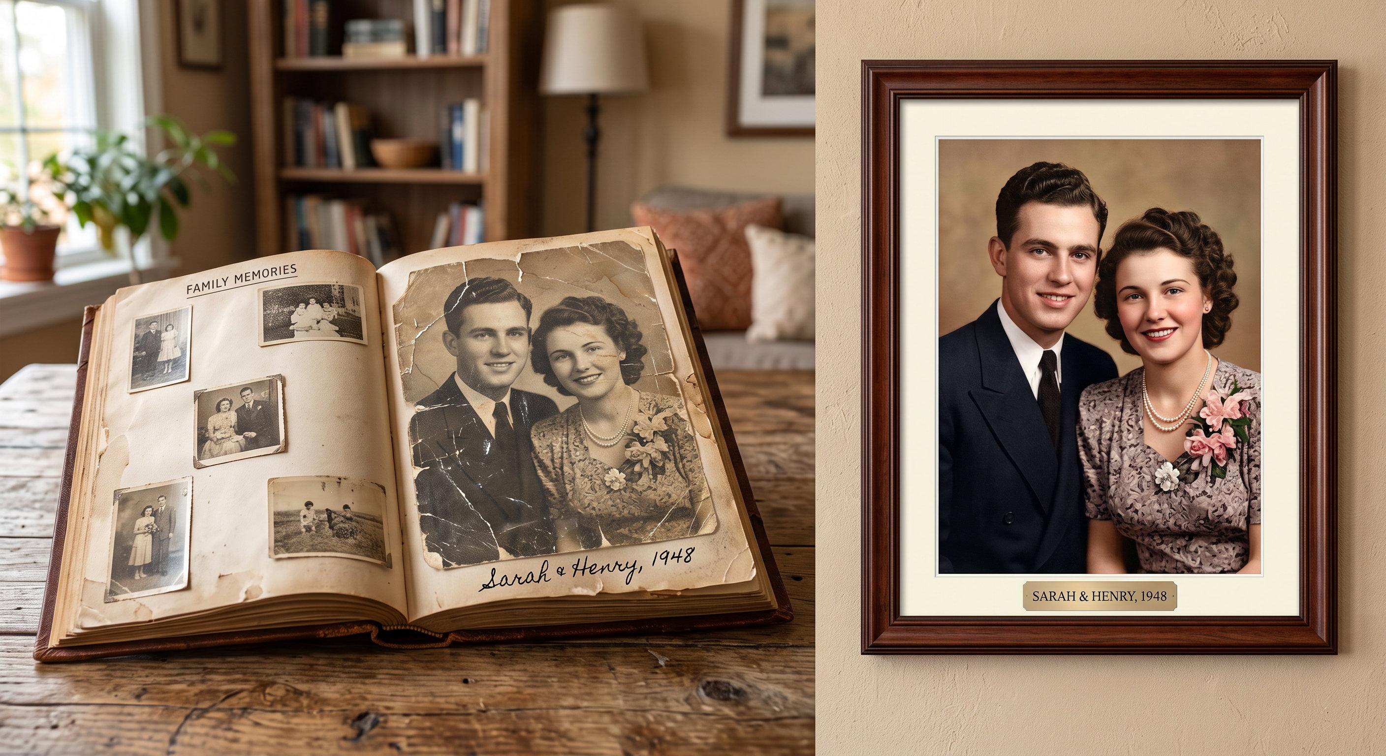 Side-by-side comparison of a torn, sepia-toned 1948 photo of Sarah and Henry in a family album next to the same portrait restored and colorized in a wood frame