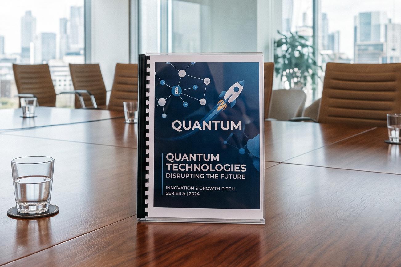 Bound investor pitch deck titled “Quantum Technologies — Disrupting the Future, Innovation & Growth Pitch, Series A 2024” standing on a boardroom table