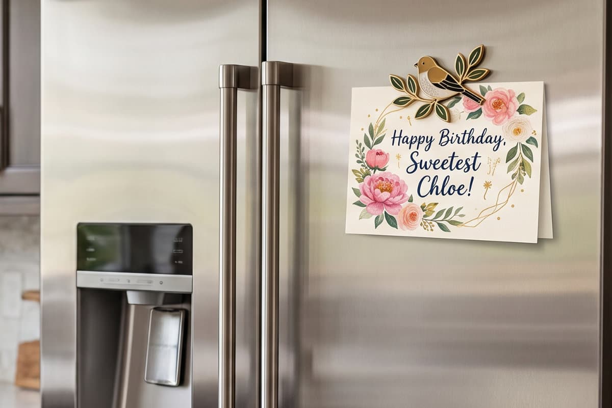 Custom floral birthday card reading “Happy Birthday, Sweetest Chloe!” held on a fridge by a bird magnet